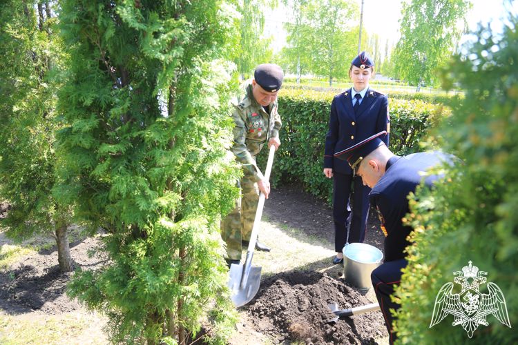 Командир ОМОН «Центр» Росгвардии и Герой России Юрий Анохин продолжили традицию по высадке деревьев на Аллее выпускников в Воронежском институте МВД России